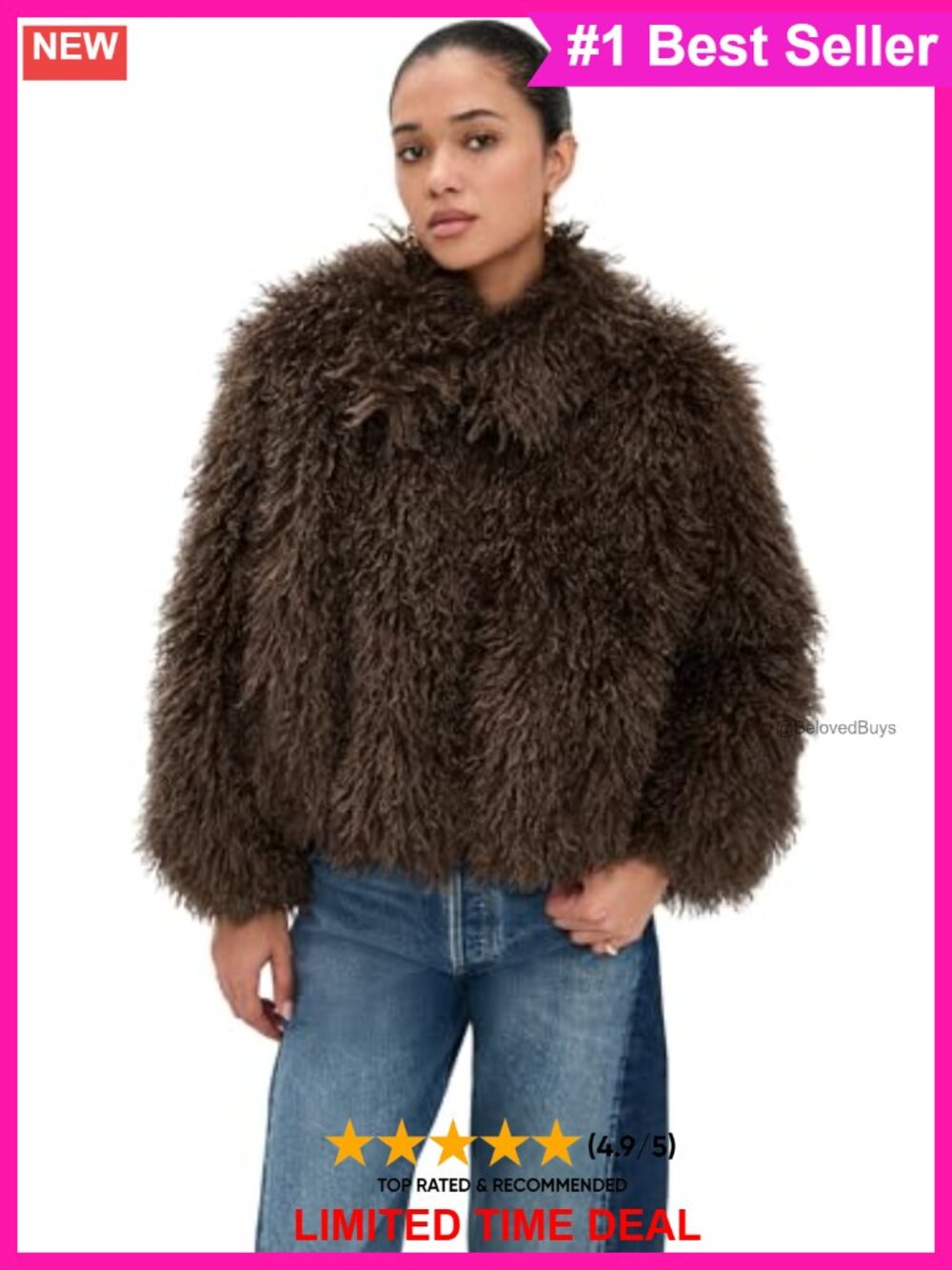 Faux Fur Cocoon Jacket Collared Mid-Weight Relaxed Fit Long Sleeve